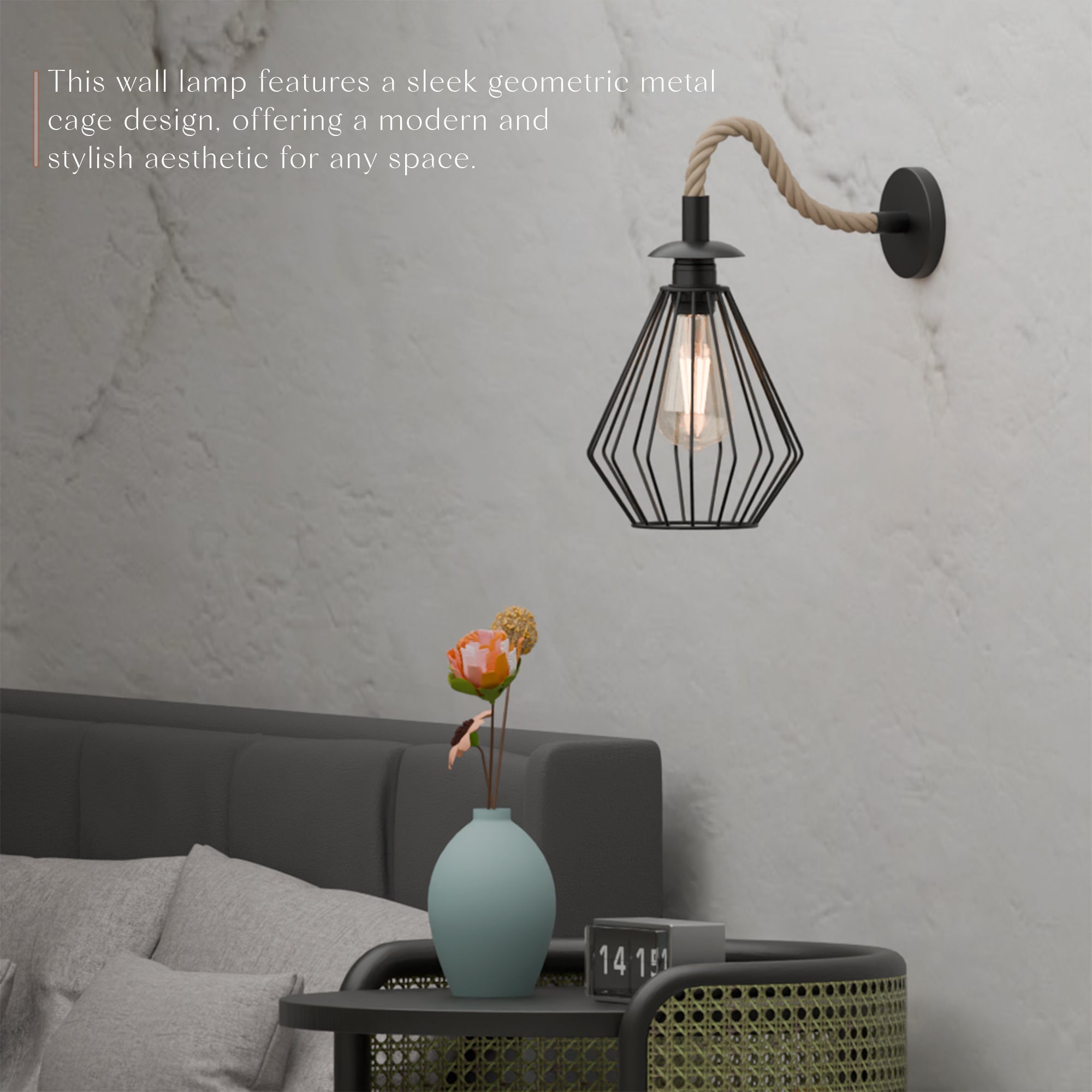 Industrial Black Rope Wall Sconce Light Fixture with Diamond Cage Shade