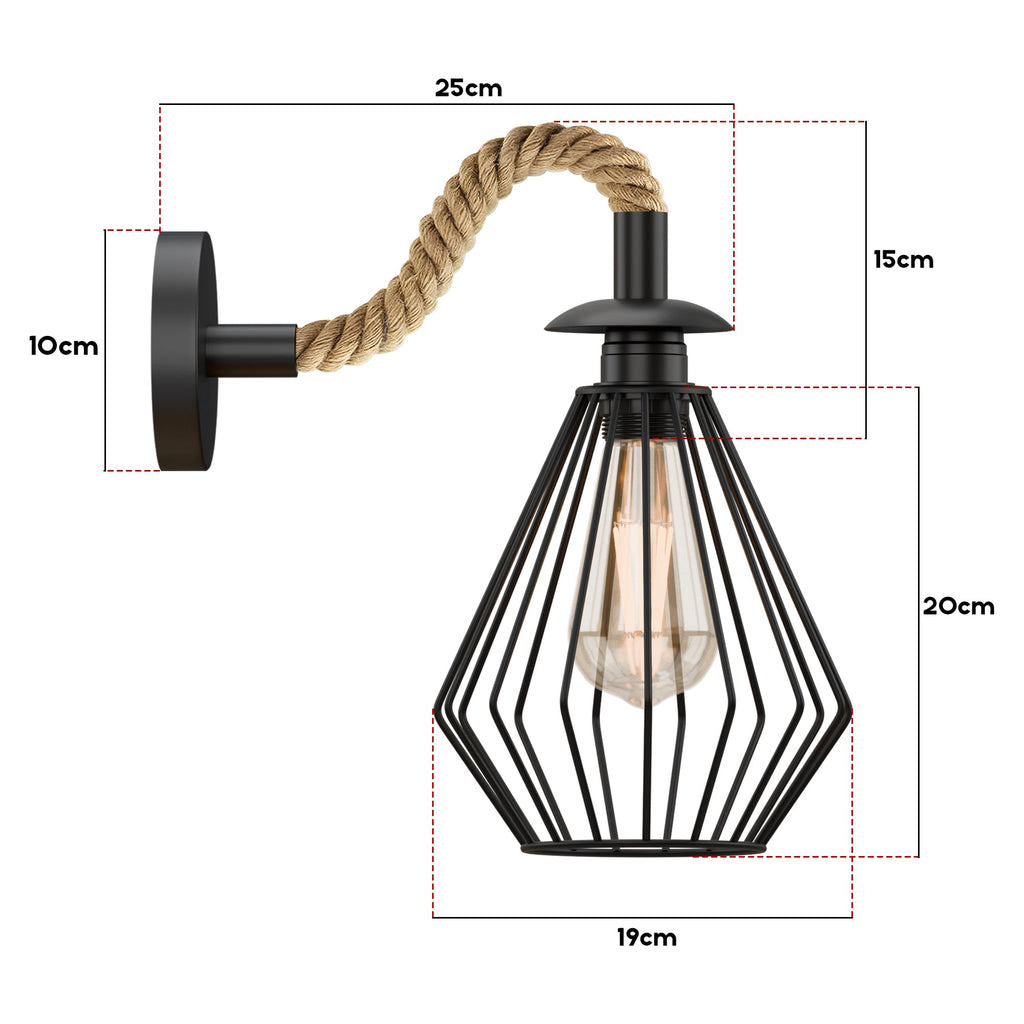 Industrial Black Rope Wall Sconce Light Fixture with Diamond Cage Shade