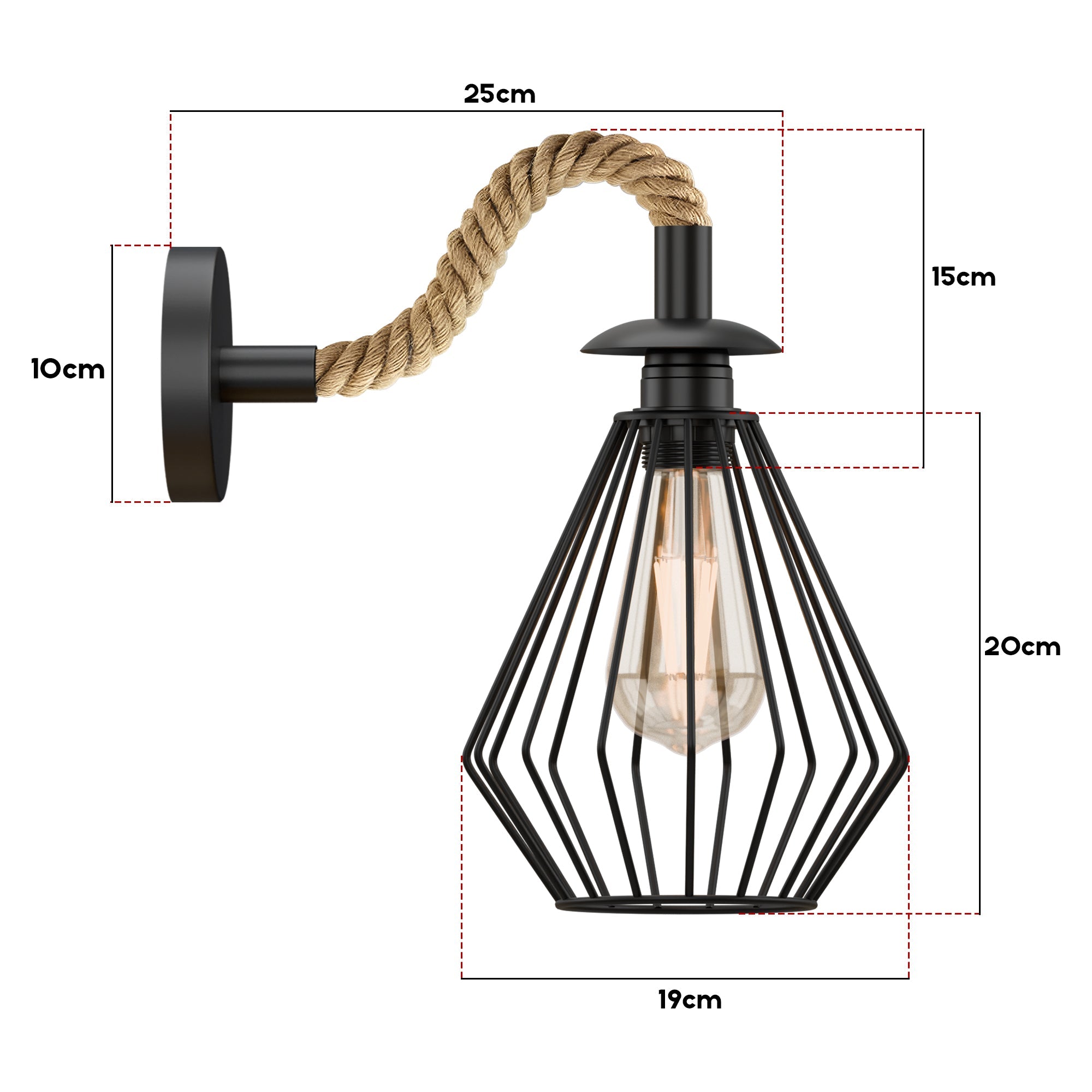 Industrial Black Rope Wall Sconce Light Fixture with Diamond Cage Shade