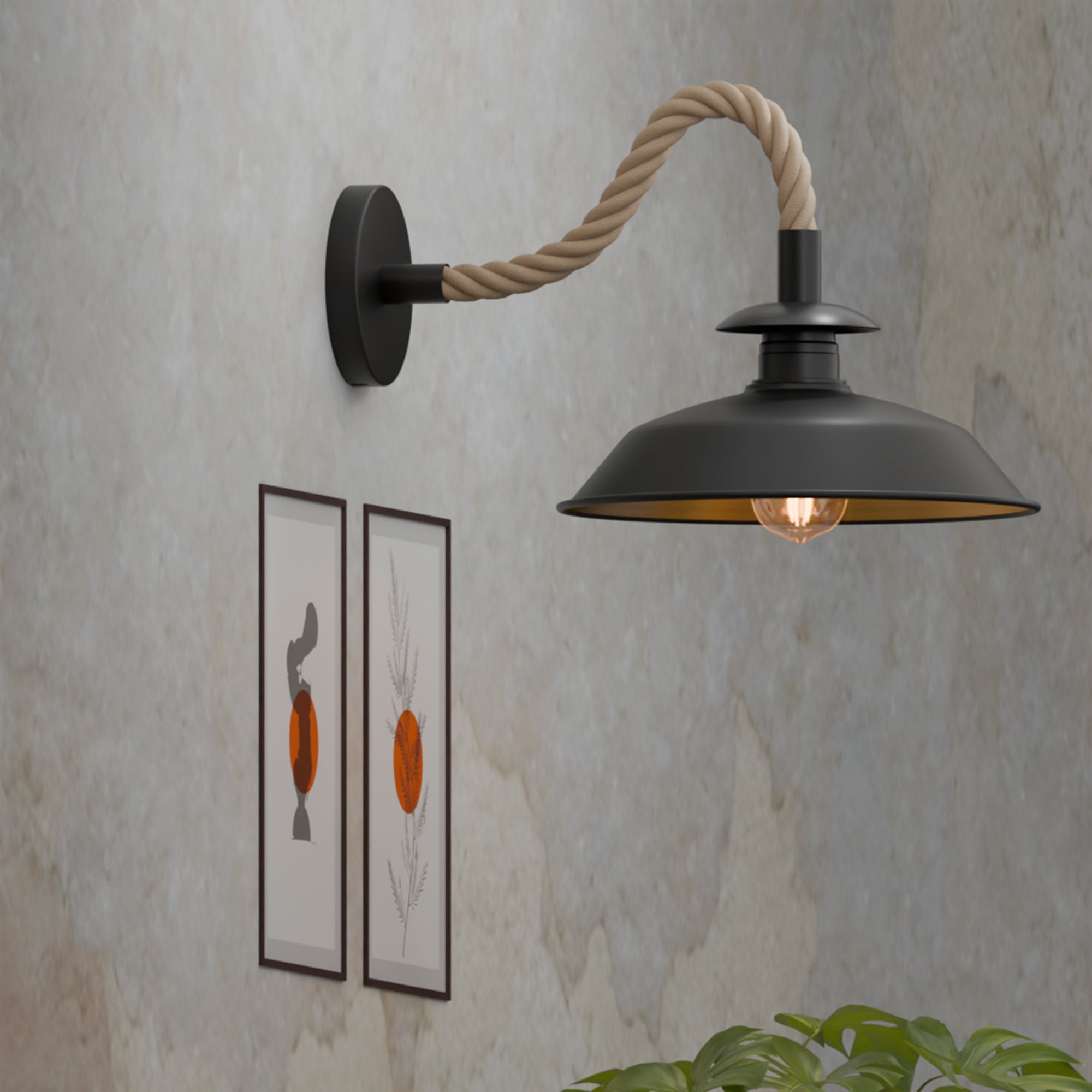 Industrial Black Rope Wall Sconce Lamp, 26cm Metal Shade Fixture