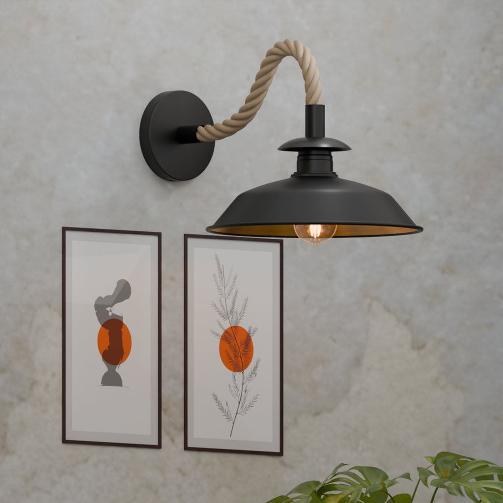 Industrial Black Rope Wall Sconce Lamp, 26cm Metal Shade Fixture