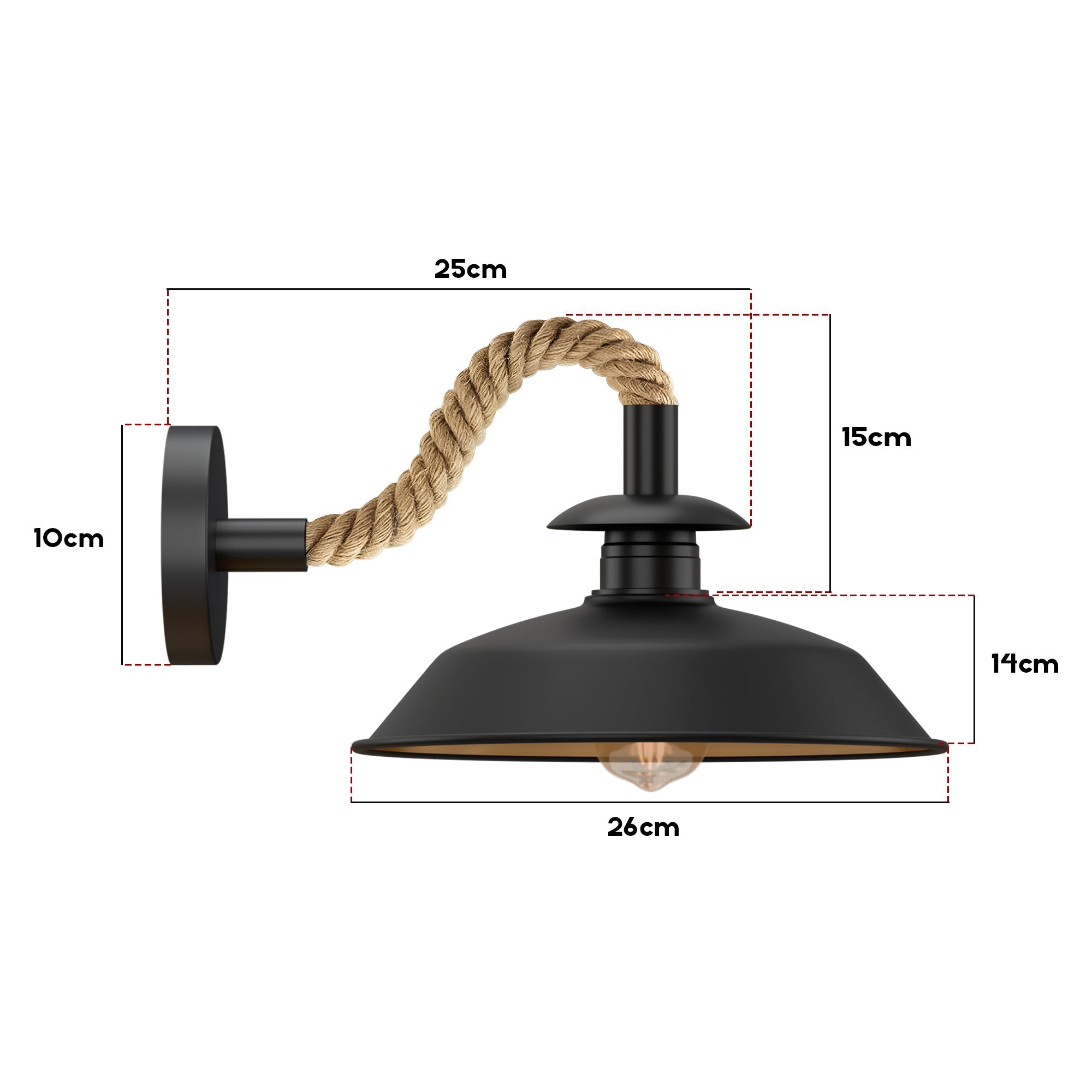 Industrial Black Rope Wall Sconce Lamp, 26cm Metal Shade Fixture