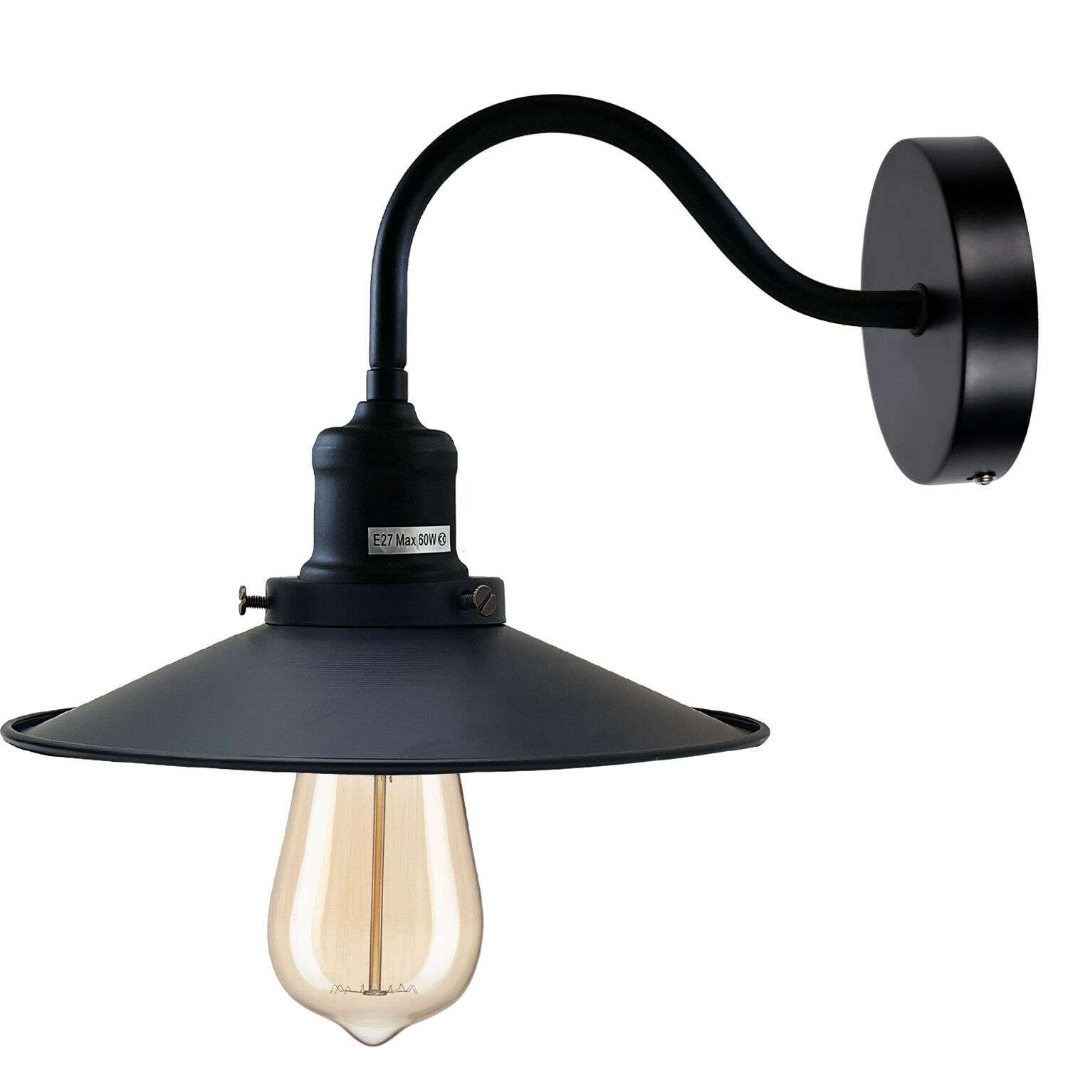 Vintage Industrial Metal Flat Shade Wall Sconce Lamp - E27 Swan Neck Light