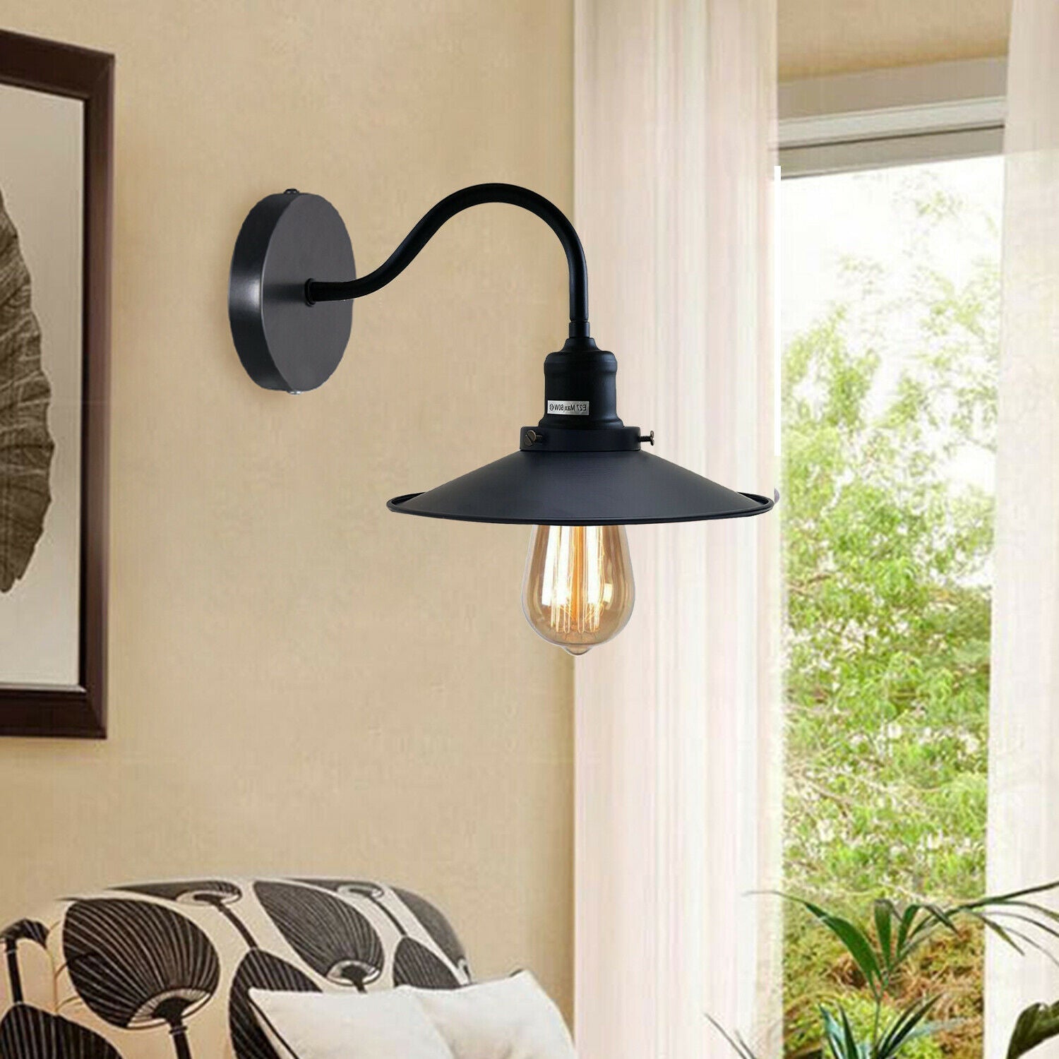 Vintage Industrial Metal Flat Shade Wall Sconce Lamp - E27 Swan Neck Light