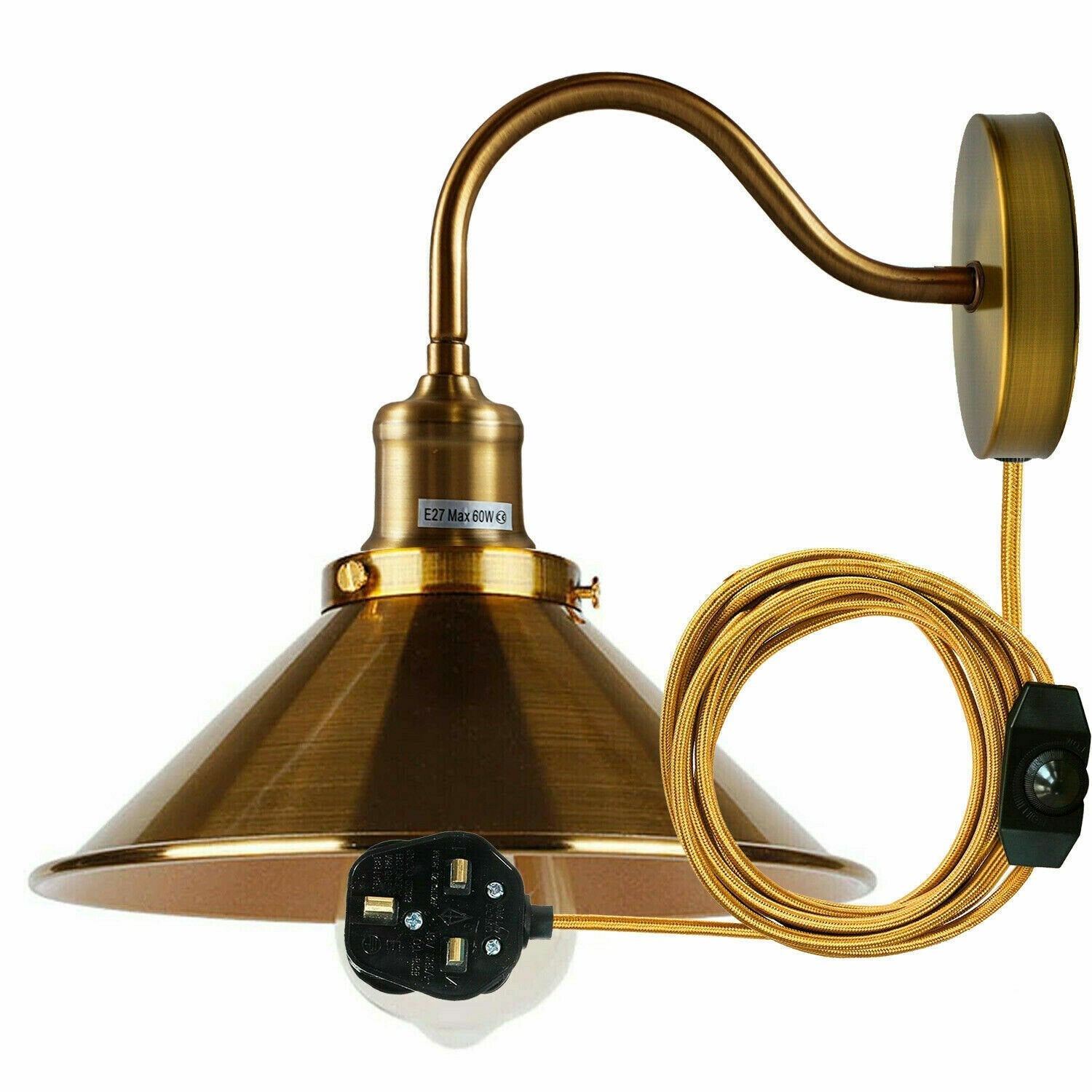 Vintage Industrial Plug-in Wall Sconce Light, Dimmer Switch, E27 Socket, 2M Cord