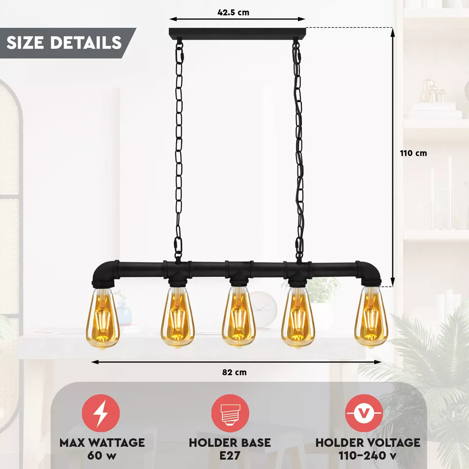 Industrial Retro Black Metal Waterpipe Chandelier with 5 Lights