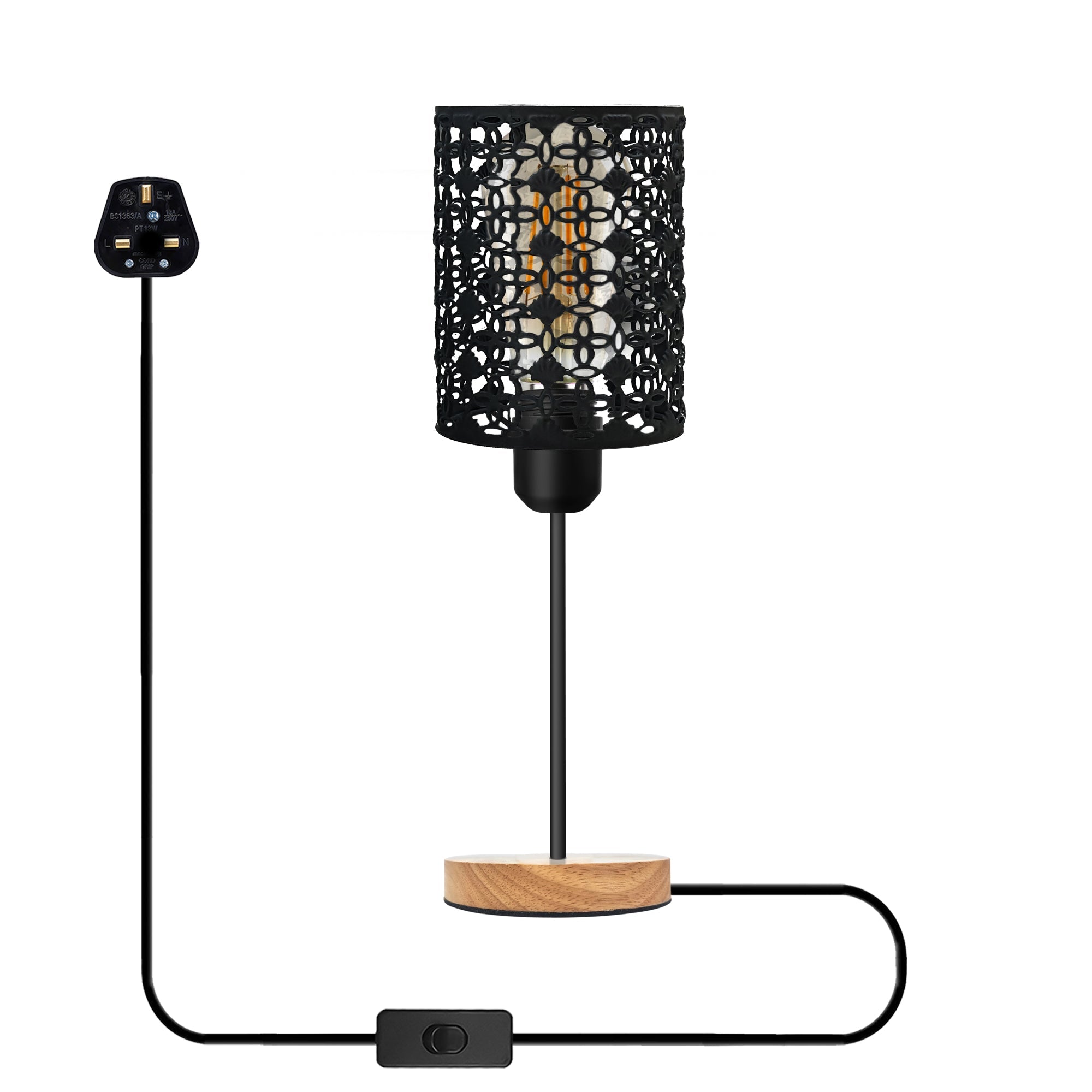 Modern Industrial Metal Cage Table Lamp with Wooden Base, Bedside Desk Light
