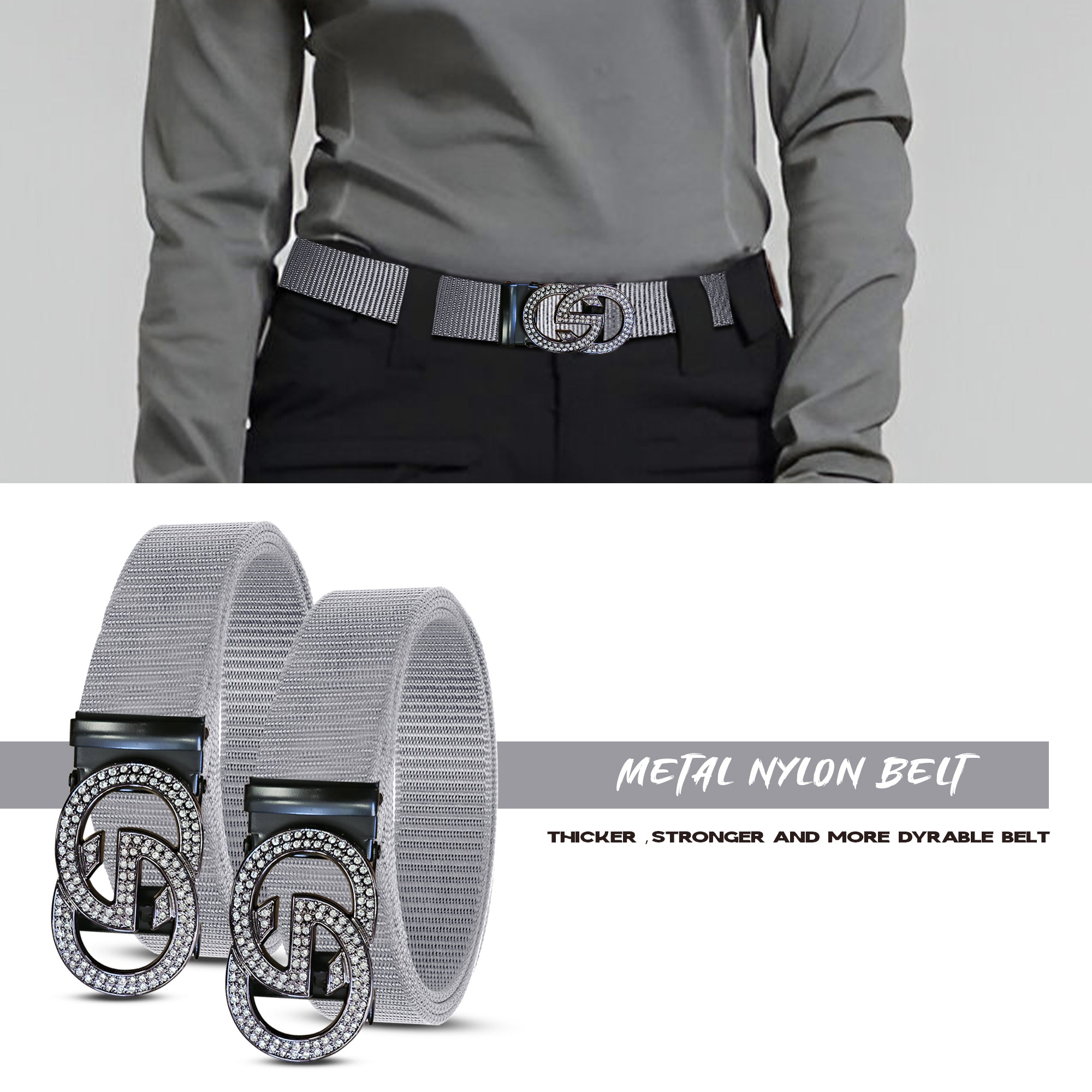 Durable Nylon Western Belt with Adjustable Double G Metal Buckle