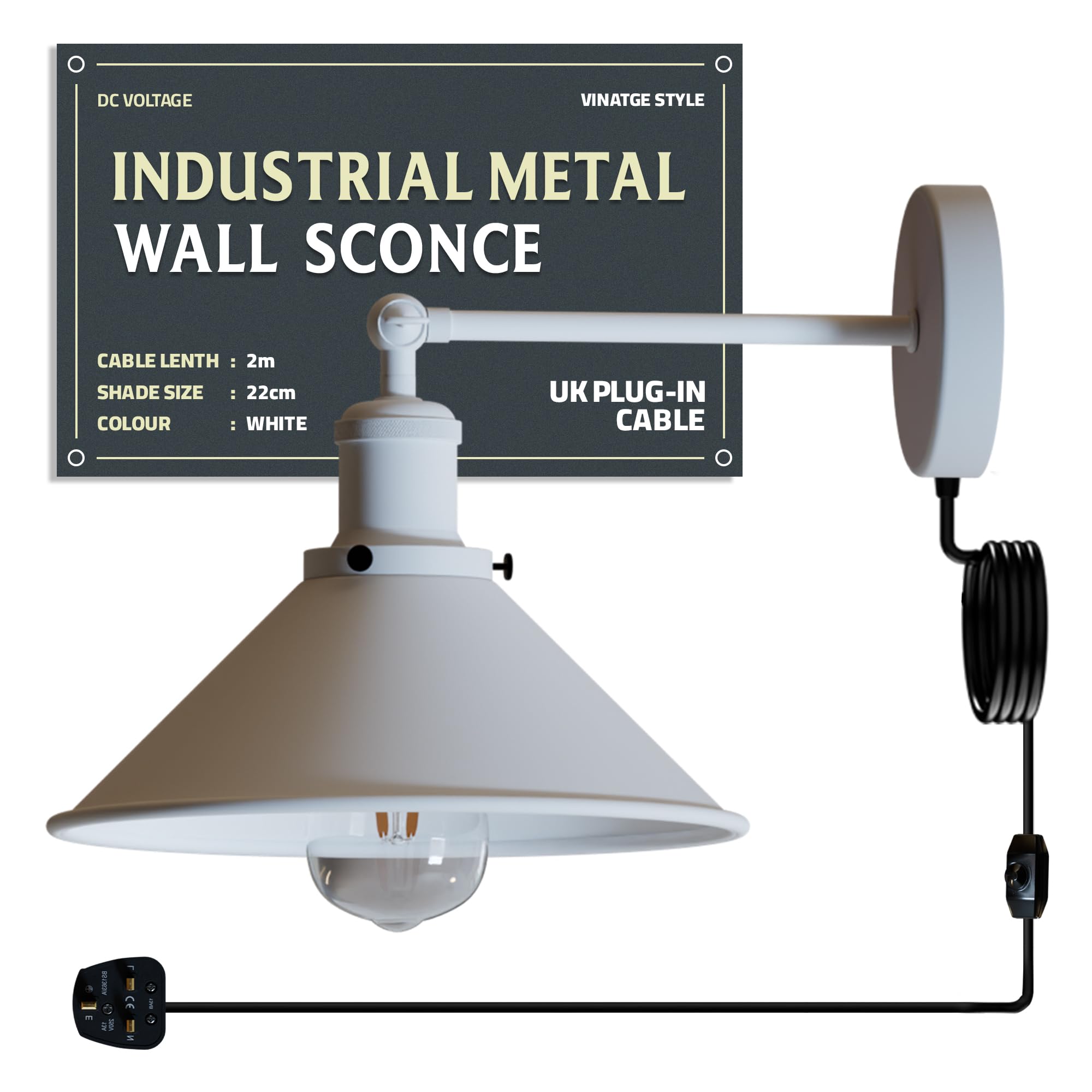 Industrial Indoor Plug-in Wall Light with Dimmer Switch, Adjustable Metal Shade