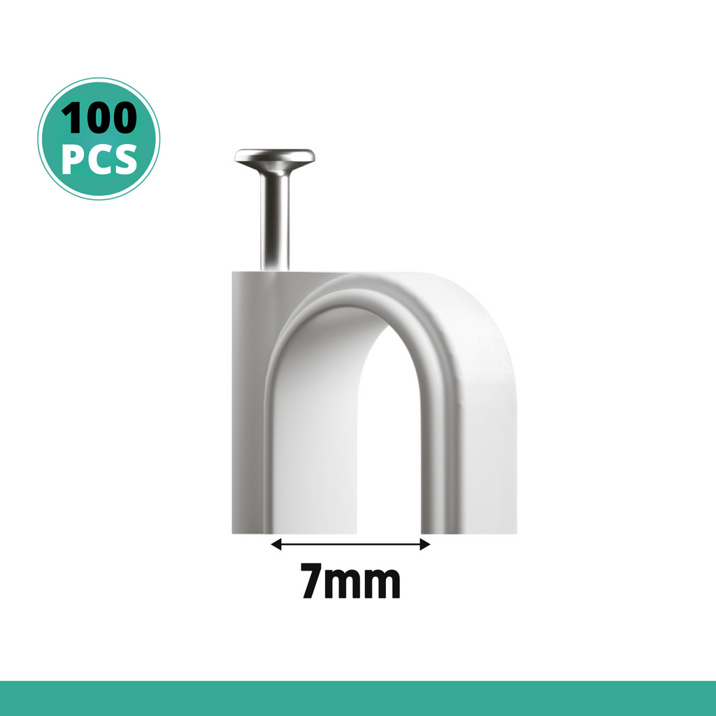 100 Pack White 7mm Round Cable Clips with Steel Nails