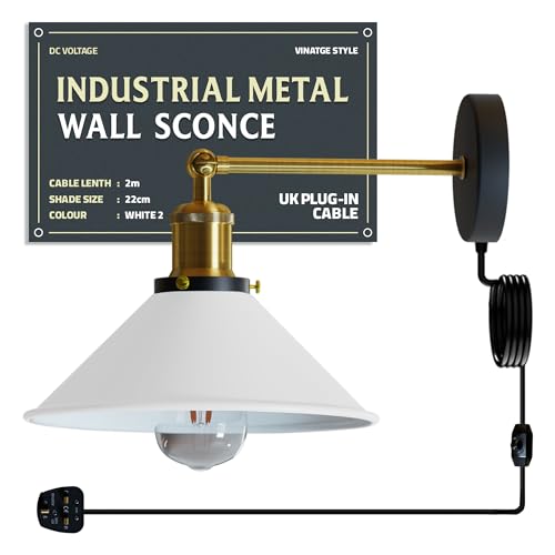 Industrial Indoor Plug-in Wall Light with Dimmer Switch, Adjustable Metal Shade