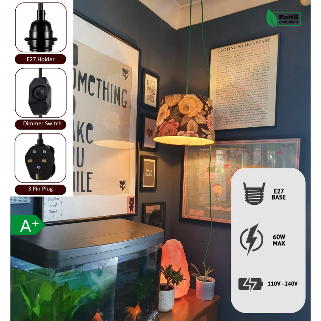 4M Fabric Flex Plug-In Pendant Light, E27 Bulb Holder, Dimmer Switch