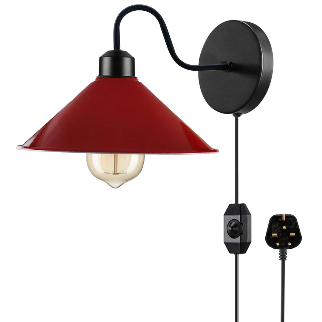 E27 Plug-in Dimmable Wall Light with Fabric Cord, Industrial Metal Design
