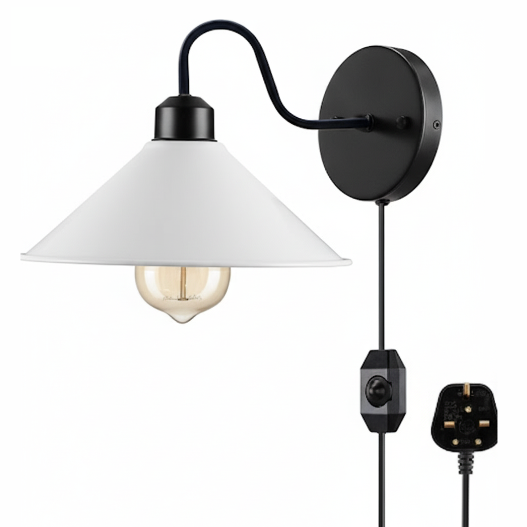 E27 Plug-in Dimmable Wall Light with Fabric Cord, Industrial Metal Design