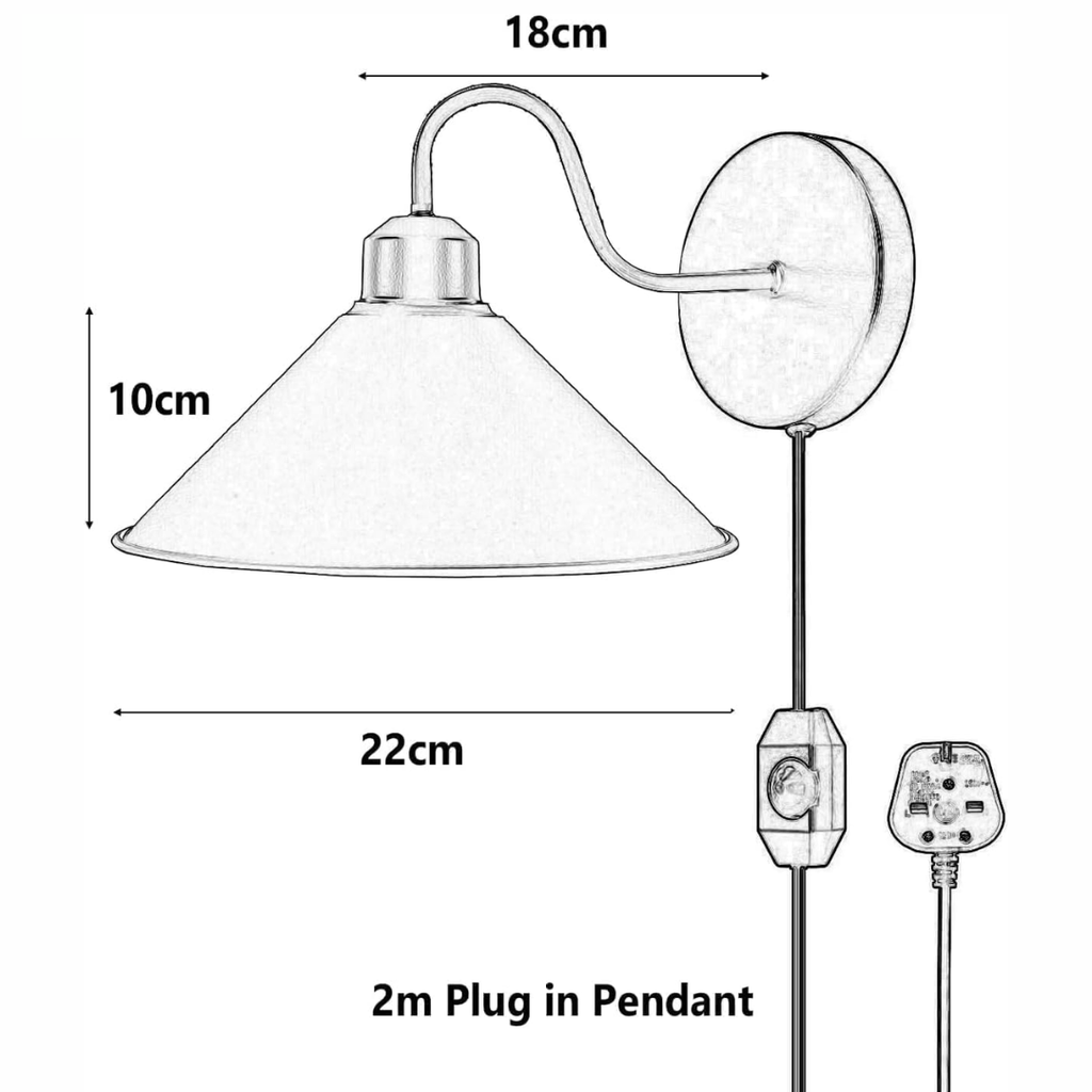 E27 Plug-in Dimmable Wall Light with Fabric Cord, Industrial Metal Design