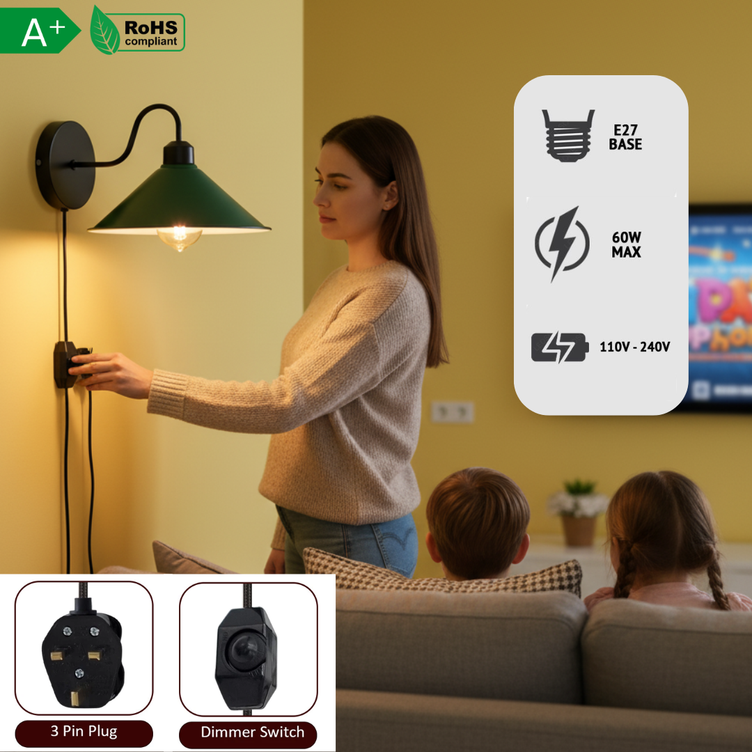 E27 Plug-in Dimmable Wall Light with Fabric Cord, Industrial Metal Design