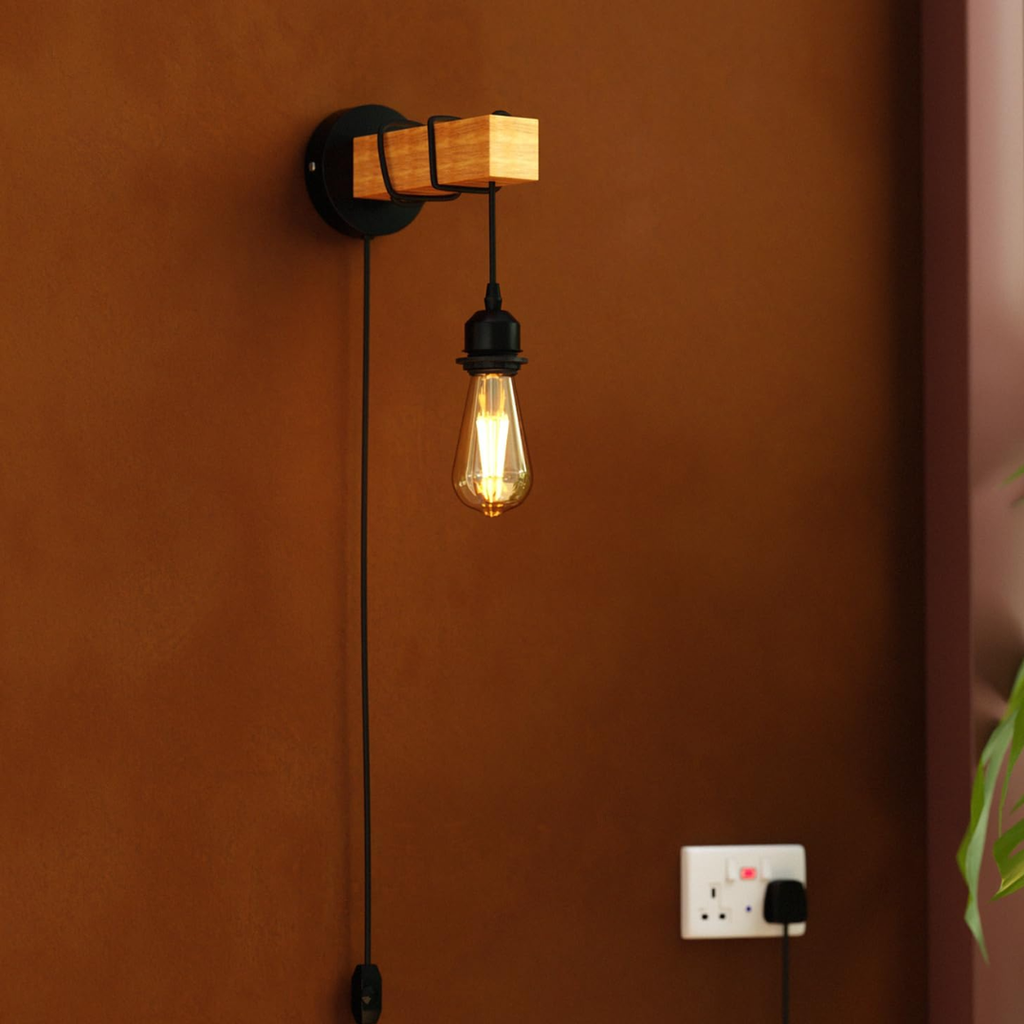 Dimmable Industrial Plug-In Wall Light: Real Wood Shelf, Metal Pipe Design