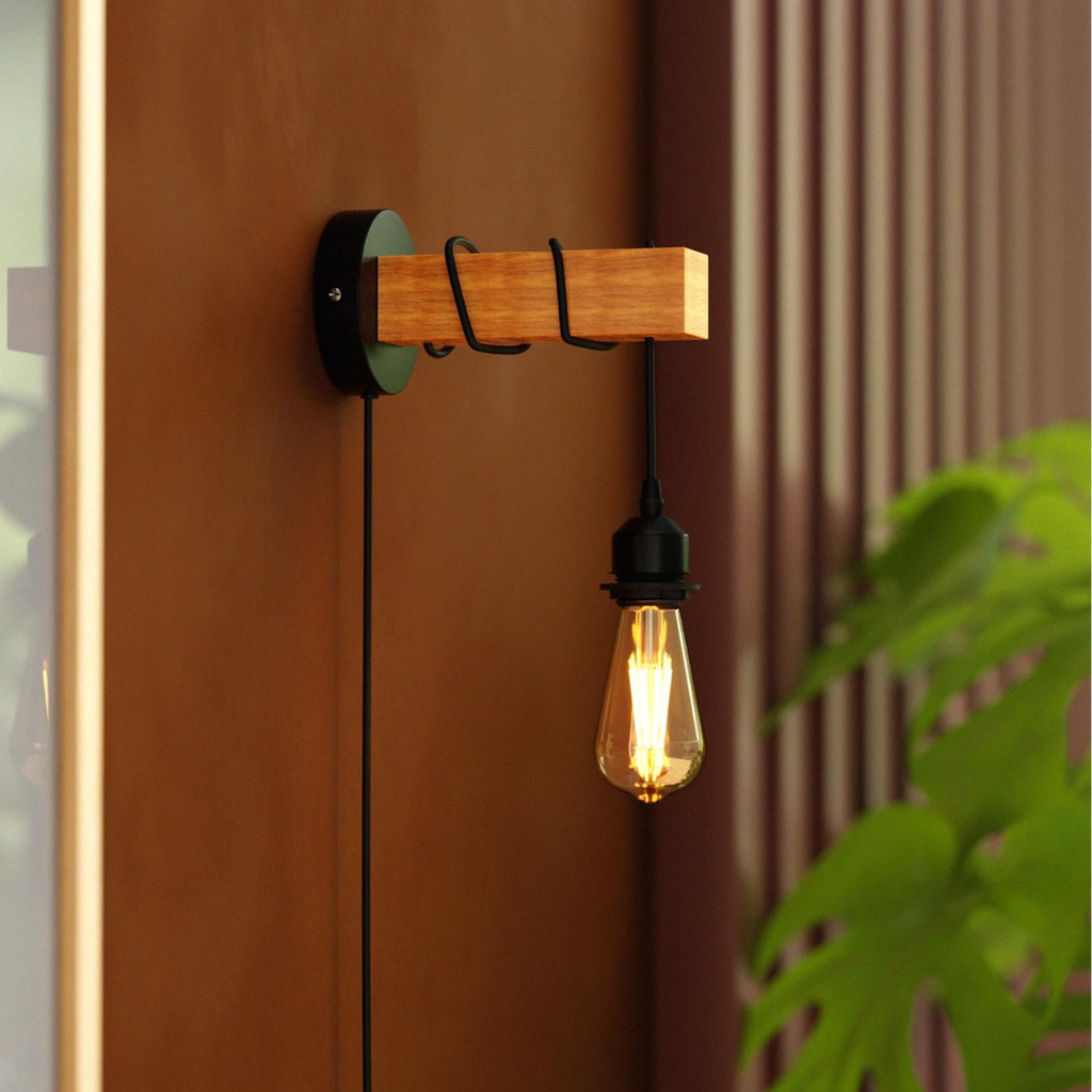 Dimmable Industrial Plug-In Wall Light: Real Wood Shelf, Metal Pipe Design