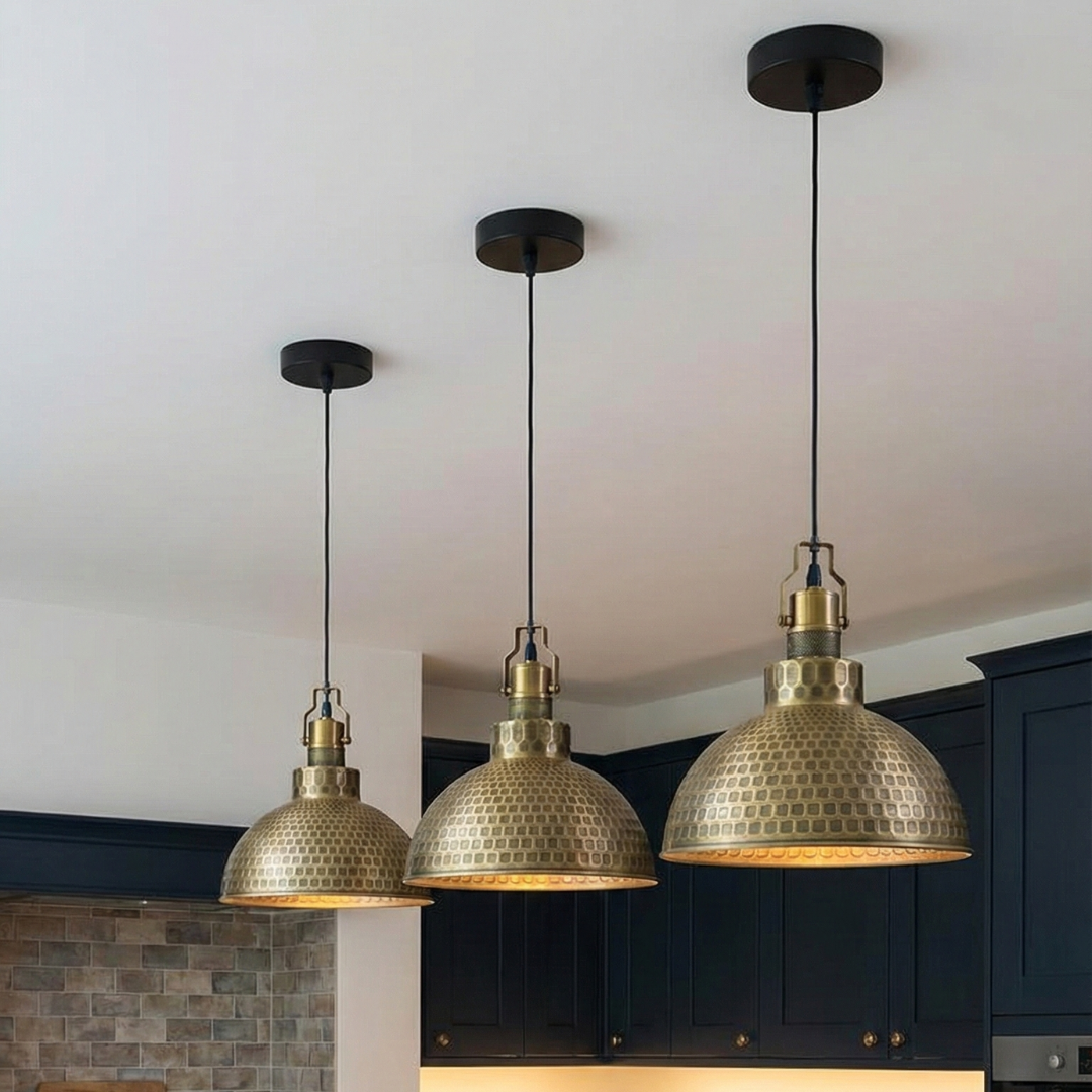 26cm Green Brass Hammered Metal Dome Pendant Light with Adjustable Cable