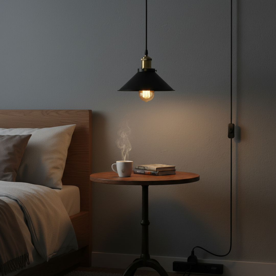 Stylish 4M Plug-in Pendant Light, Black Gold Metal Shade, Adjustable Cord Ceiling Lamp