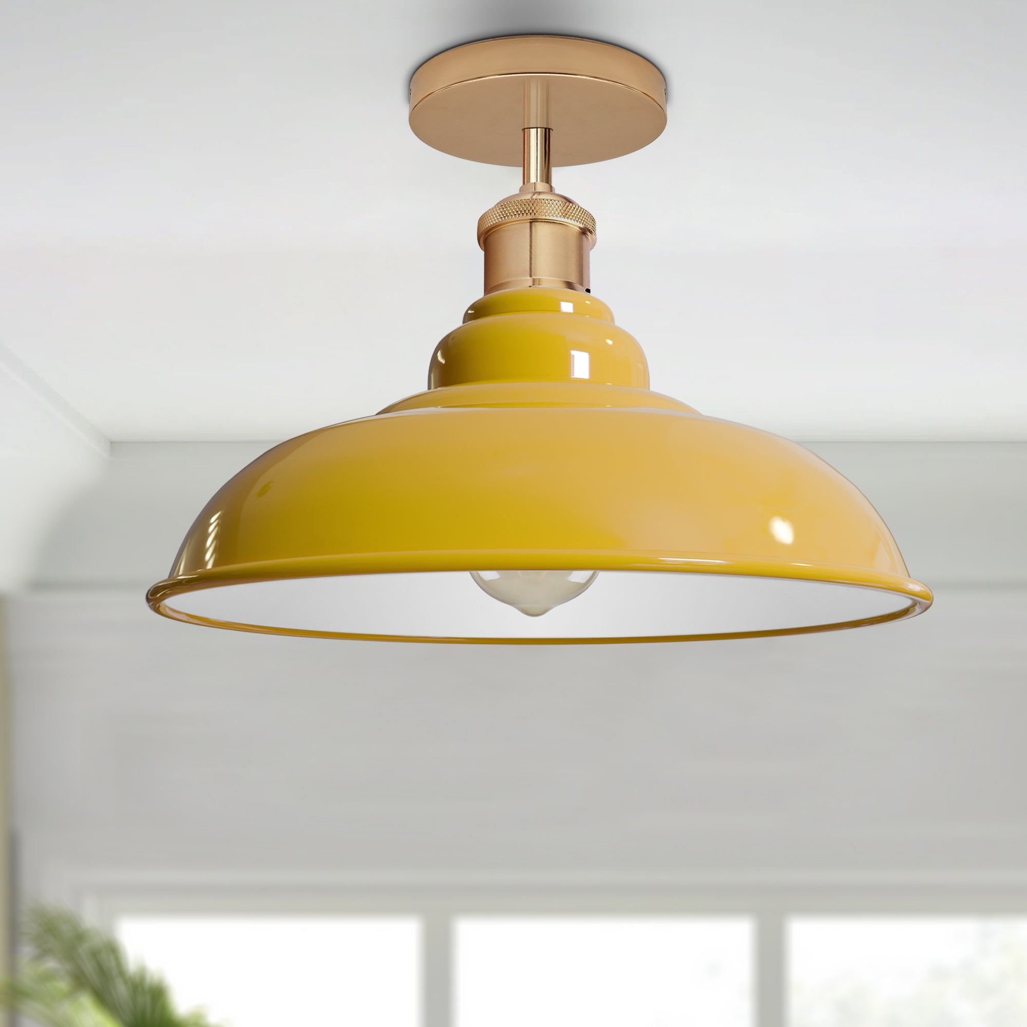 Industrial Yellow Semi-Flush Metal Ceiling Light - E27 Base Lighting Fixture