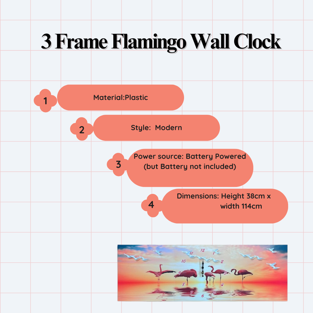 Charming 3-Panel Flamingo Wall Clock Art, Modern Animal Painting Decor Timepiece