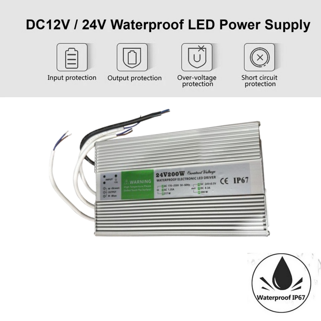 DC 24V 8.3A 200W IP67 Waterproof LED Driver Power Supply Transformer