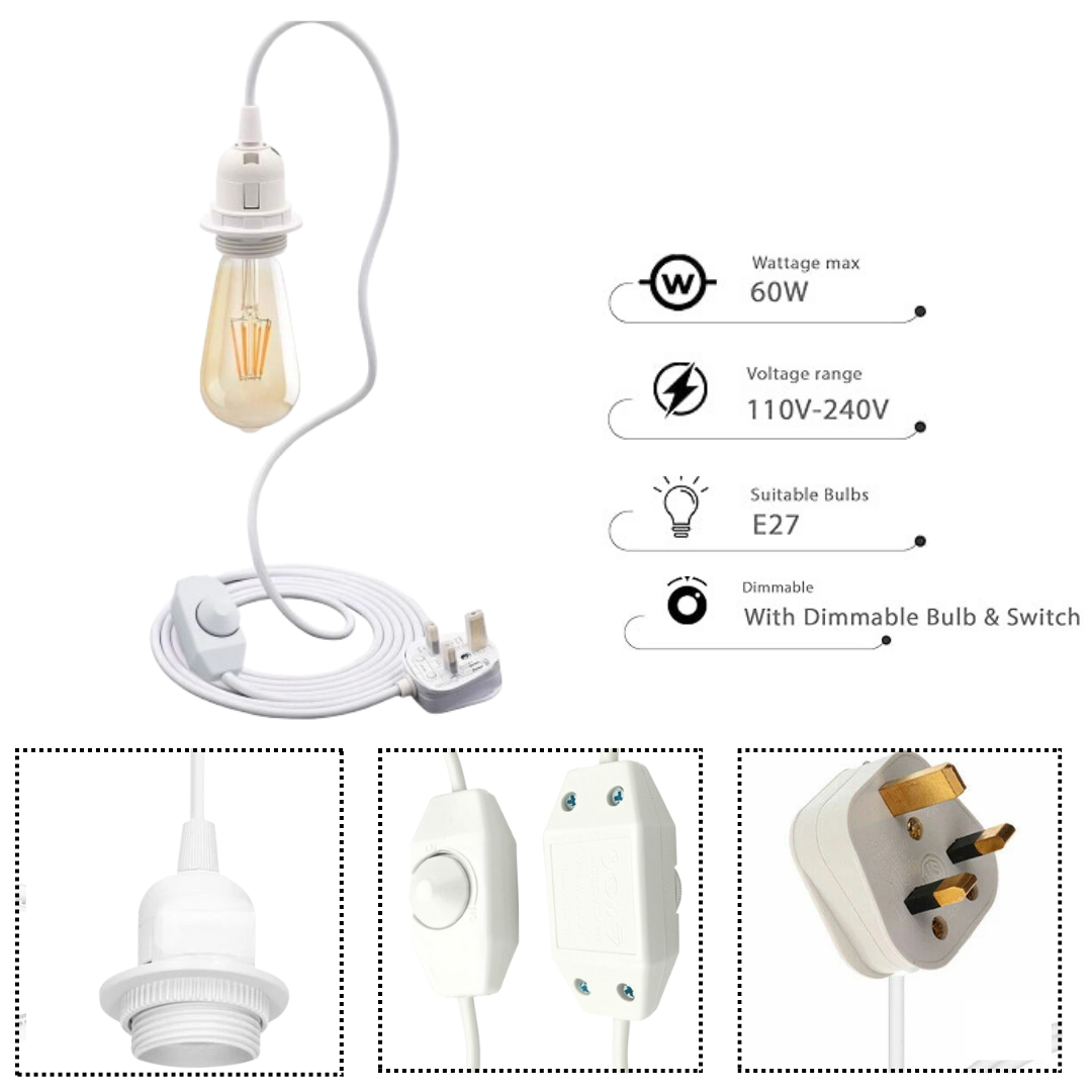 4m White  Plug In Pendant Lamp with Dimmer Light Set E27 Fitting ~ 6043