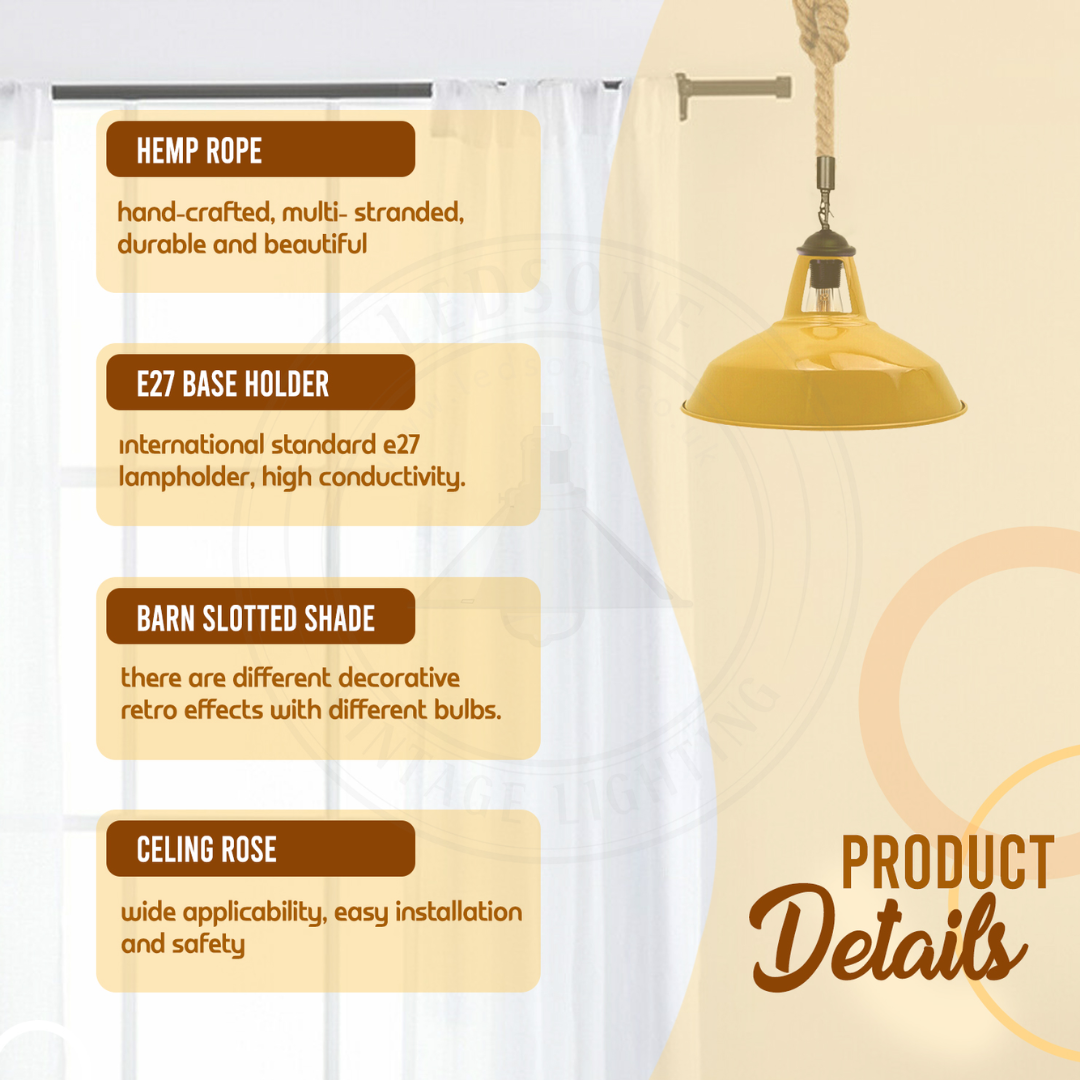 Industrial Hemp Rope Hanging Ceiling Pendant Light Fixture, Dimmable, E27 Base
