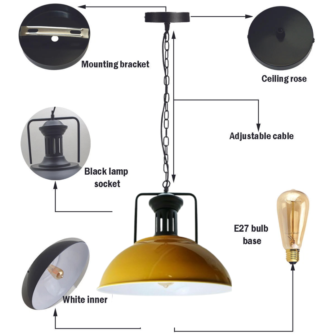 Elegant Retro Yellow Metal Pendant Light, Dimmable Industrial Style Ceiling Fixture