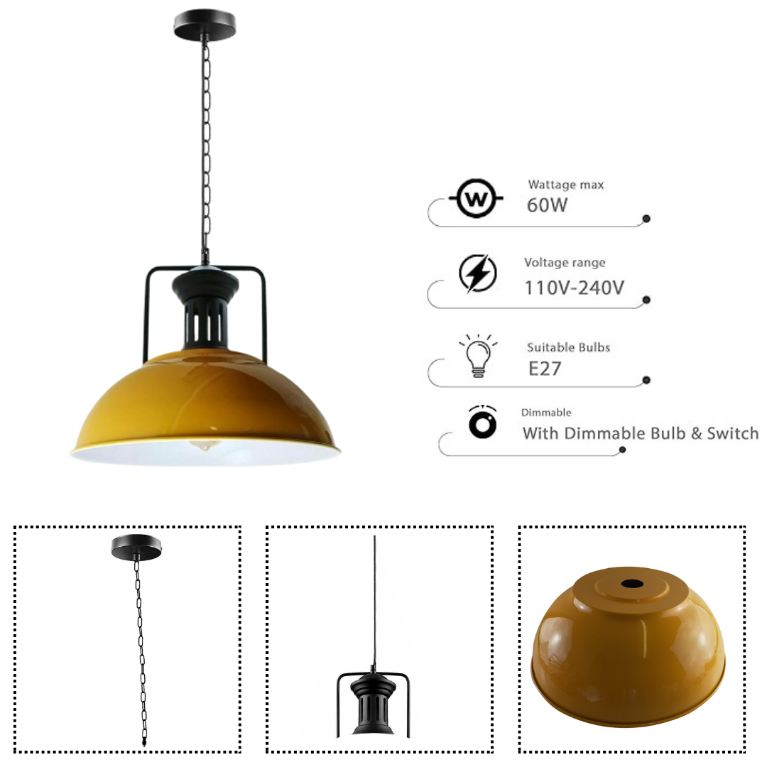 Elegant Retro Yellow Metal Pendant Light, Dimmable Industrial Style Ceiling Fixture