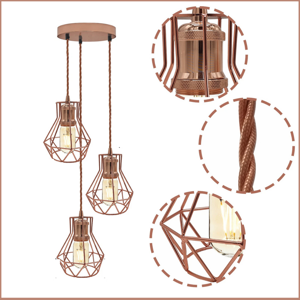 Vintage Industrial Rose Gold 3-Light Cluster Pendant with Fabric Cables, E27 Hanging
