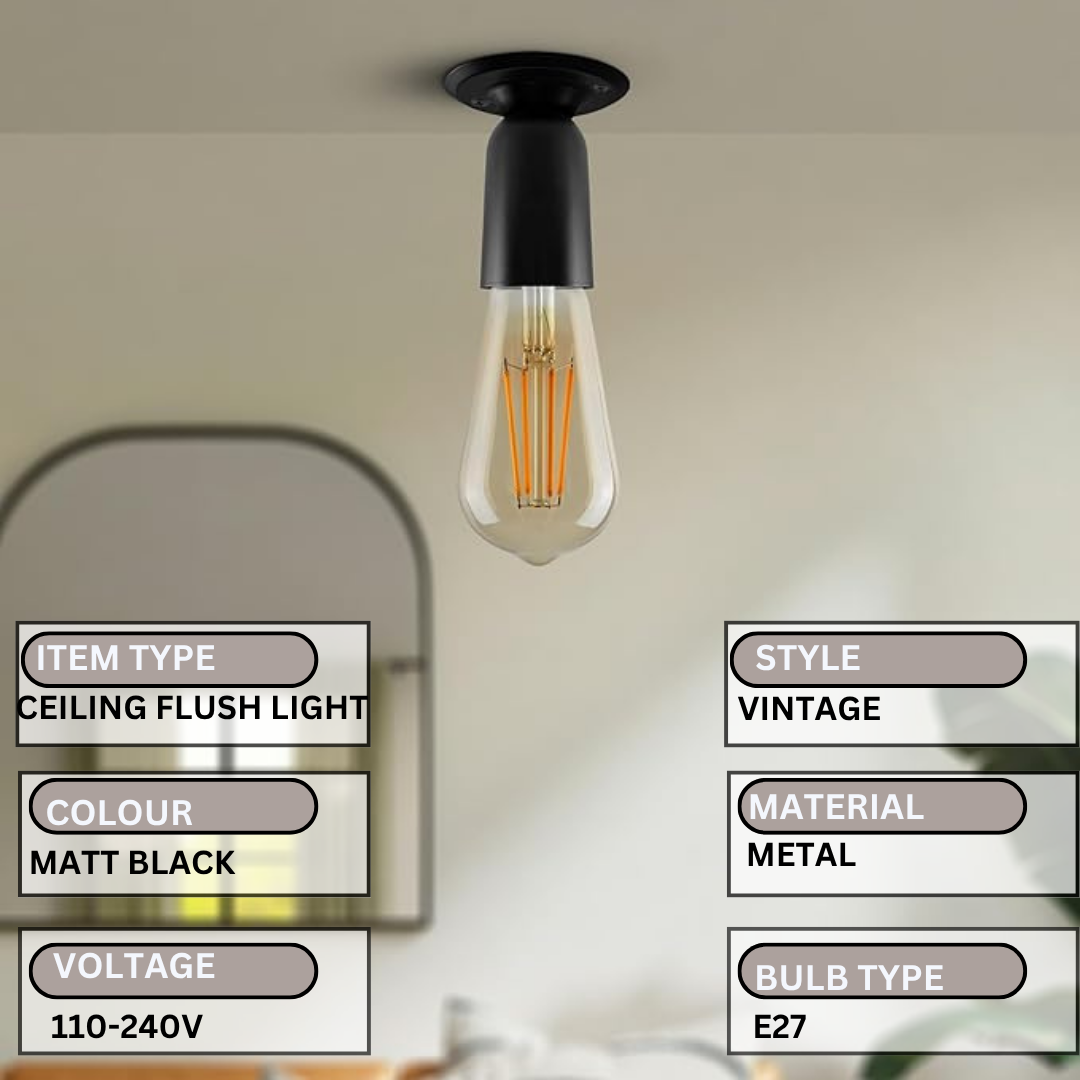 Vintage Matt Black Semi-Flush Ceiling Light E27 Holder Industrial Retro Style