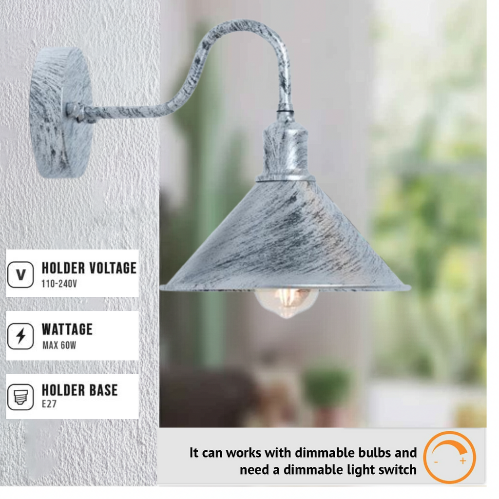 Vintage Swan Neck Metal Cone Shade Wall Sconce - Dimmable E27 Lighting Fixture