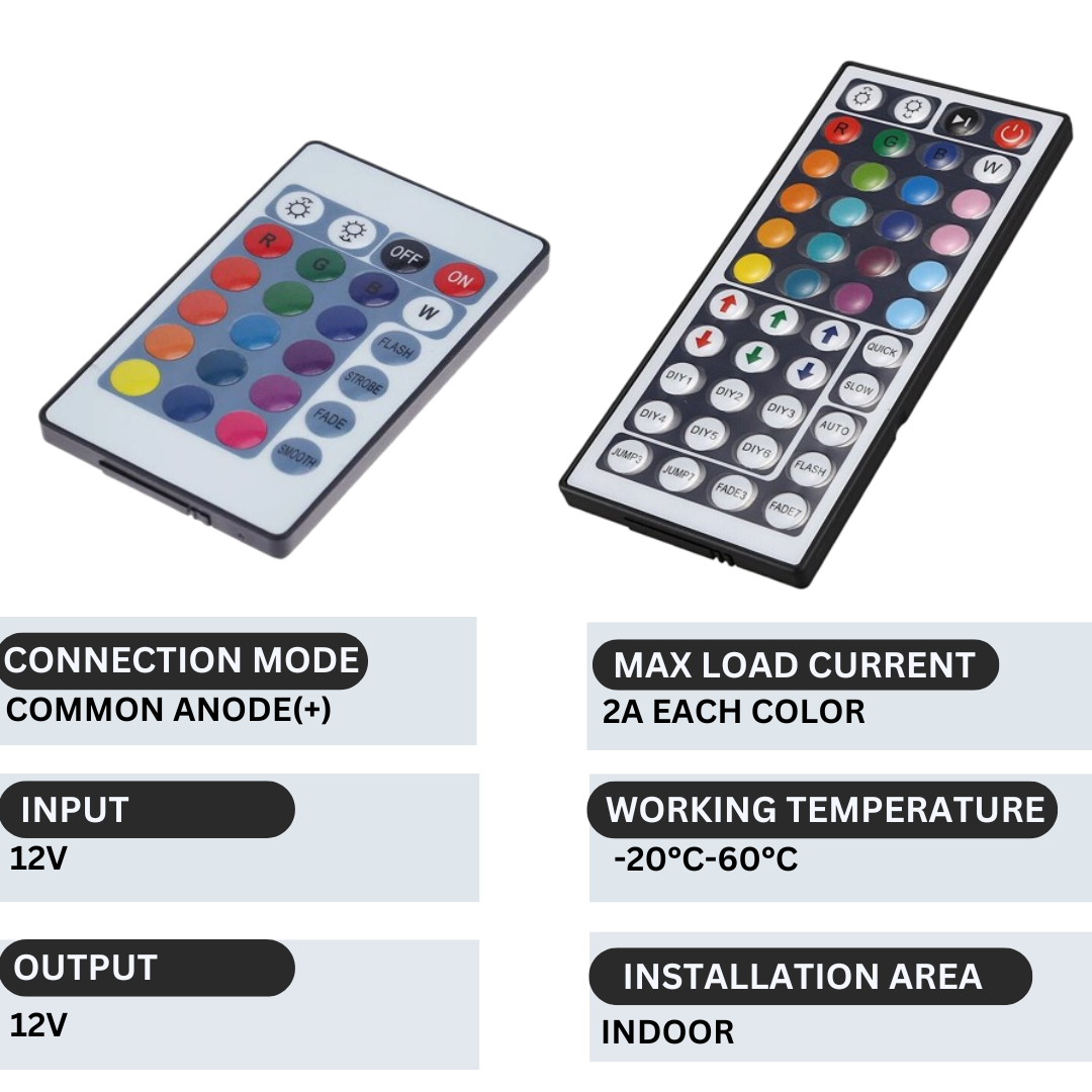 Versatile 12V IR Remote Controller for RGB LED Strip Lights, 24/44 Key Options