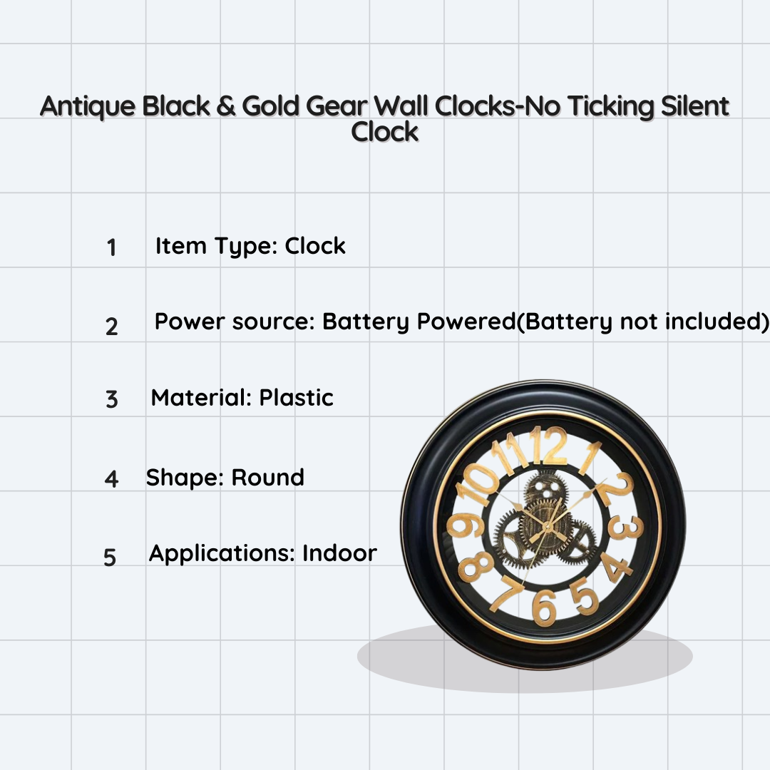 Antique Black & Gold Gear Wall Clocks-No Ticking Silent Clock ~5186