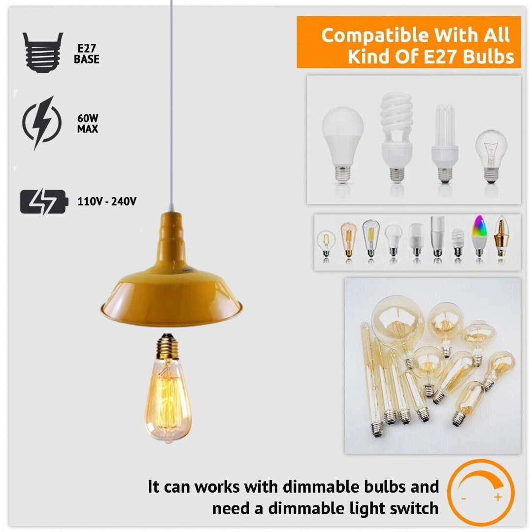 Adjustable Retro Yellow Metal Barn Pendant Light Fixture E27 Holder