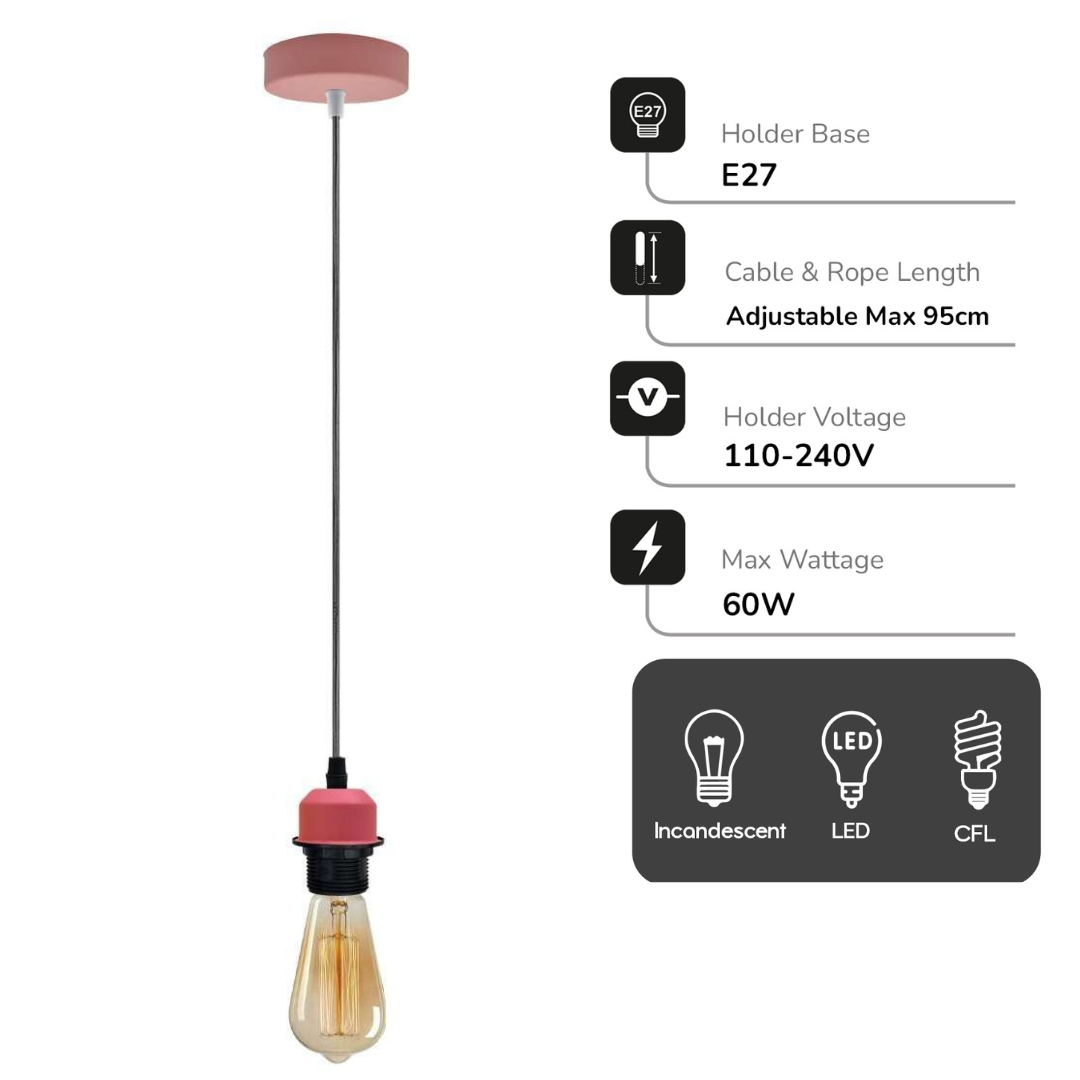 Chic Pink Metal Pendant Light Fixture with Adjustable Cable for E27 Bulbs