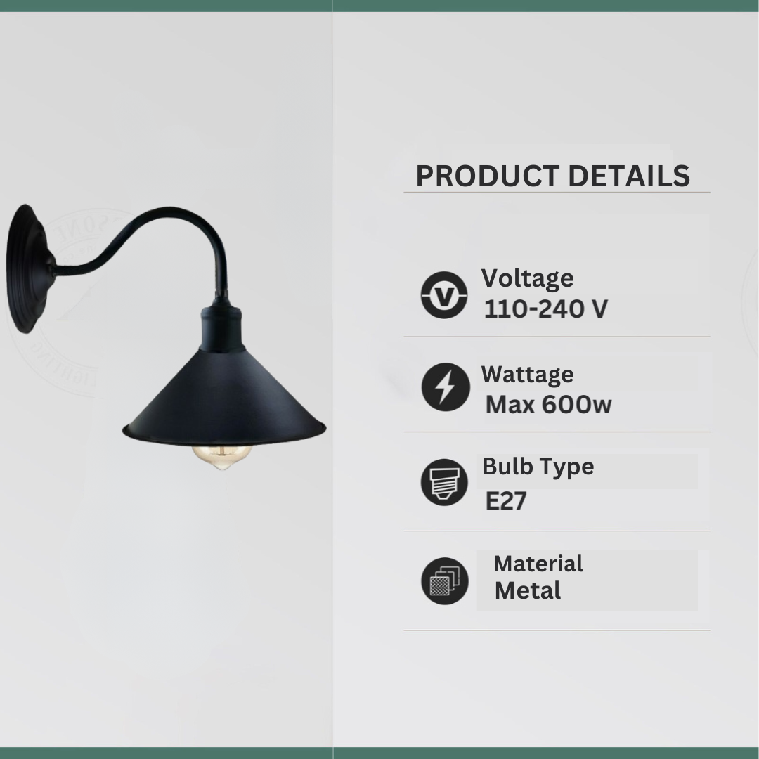 Vintage Metal Wall Sconce Light with Curved Arm, E27 Holder, Retro Industrial Style