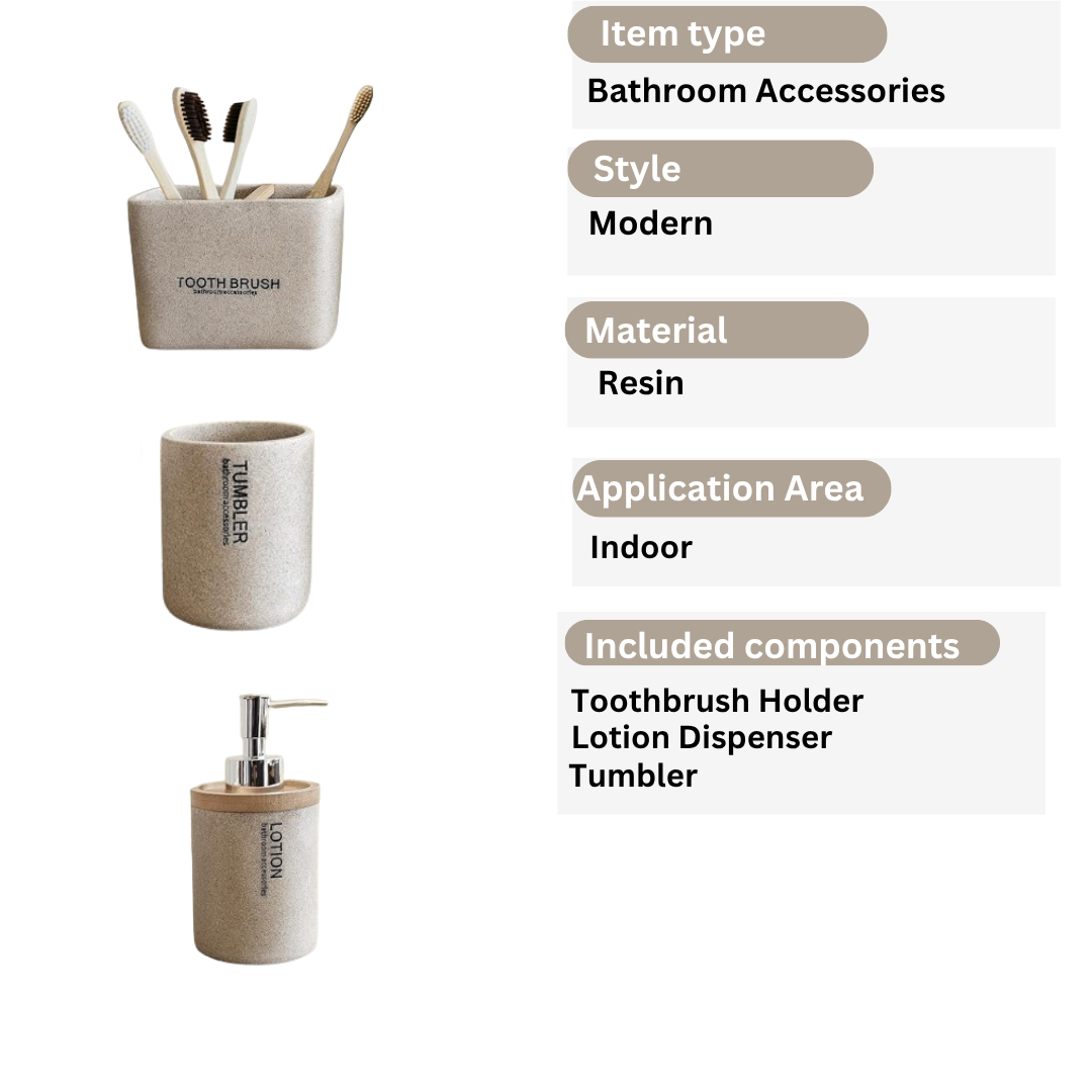 Modern Luxury Stone Effect Resin 3-Piece Bathroom Accessory Set