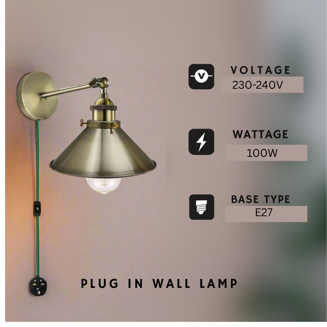 Vintage Industrial Plug-in Wall Sconce with E27 Socket for Porch & Cafe Decor