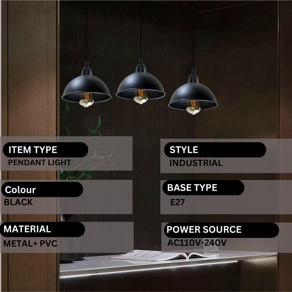 Modern Industrial 3-Light Black Dome Pendant Fixture, Adjustable Ceiling Hanging Light