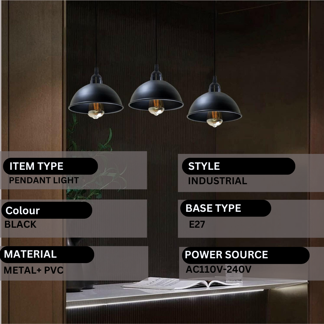 Industrial Adjustable 3-Head Black Dome Pendant Light Fixture for Kitchen Island