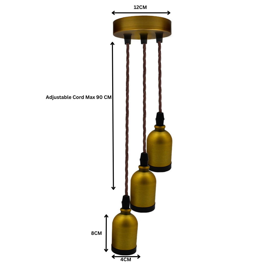Industrial Retro 3-Head Ceiling Pendant Light Fixture, E27 Fabric Cord, Yellow Brass Finish