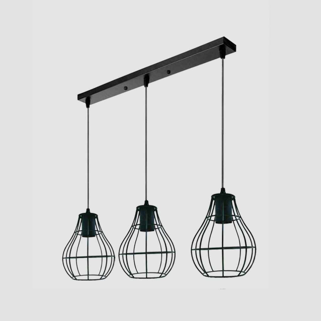 Black Industrial 3-Light Pendant Ceiling Fixture, Adjustable Metal Cage Design