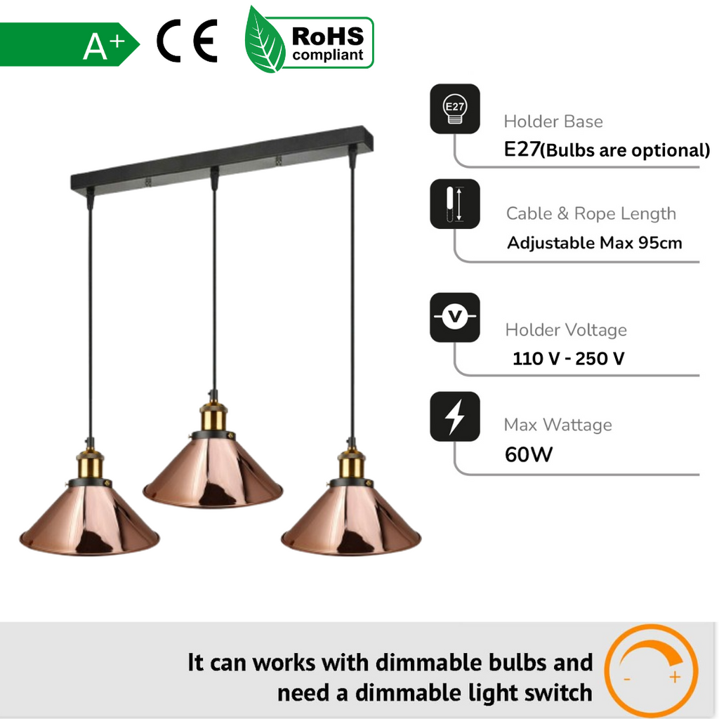 Industrial Rose Gold 3-Head Pendant Light Fixture with Adjustable Cables