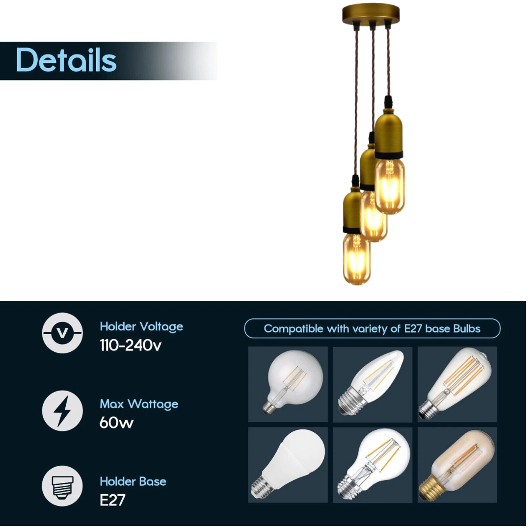 Industrial Retro 3-Head Ceiling Pendant Light Fixture, E27 Fabric Cord, Yellow Brass Finish