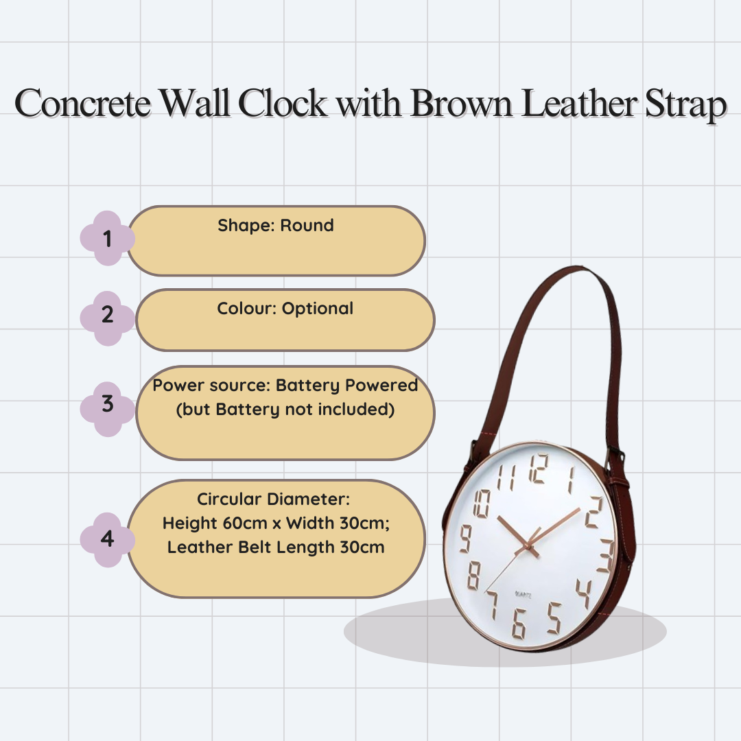 Concrete Wall Clock with Brown Leather Strap~ 5177