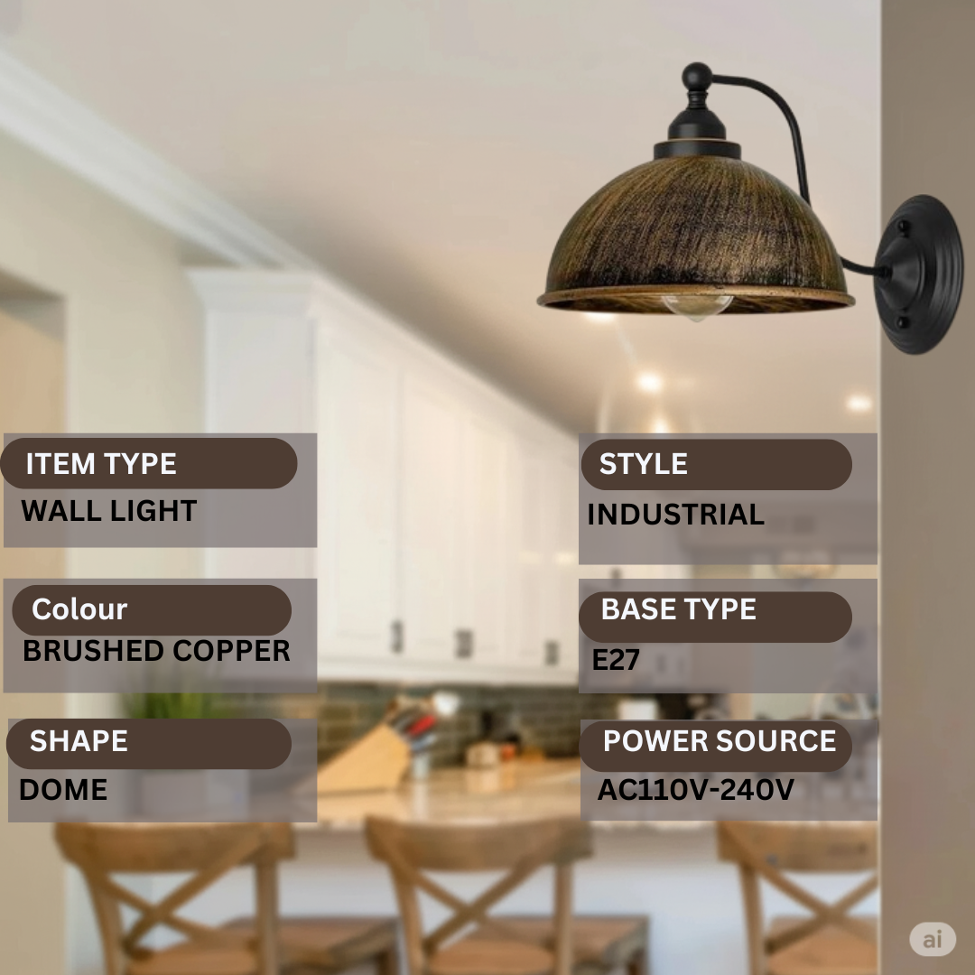 Industrial Wall Sconce with Brushed Copper Metal Dome Shade  Indoor Wall Light~6178