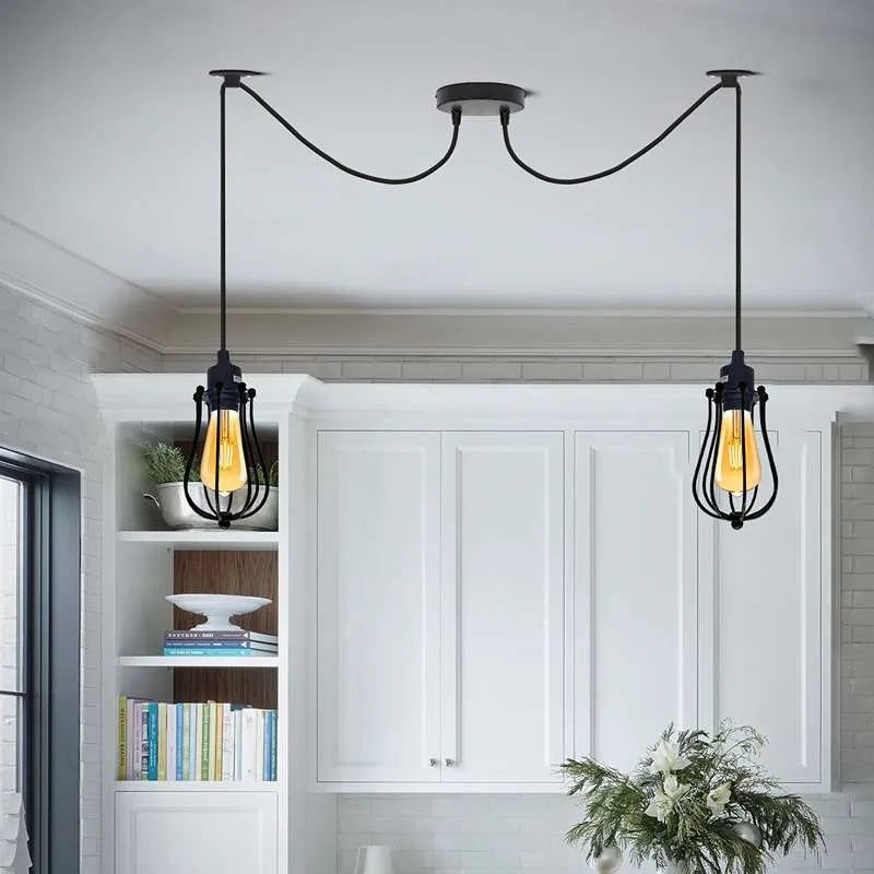 Industrial Black Metal Cage 2-Head Spider Pendant Light Fixture
